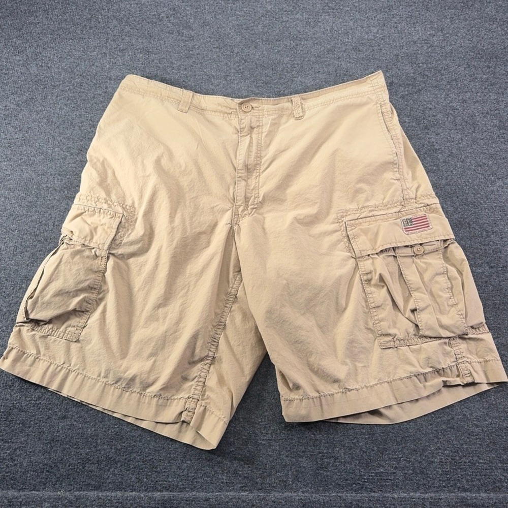 Polo Jeans Co Ralph Lauren Mens 38 Tan Khaki Cotton Cargo Shorts Flag Patch